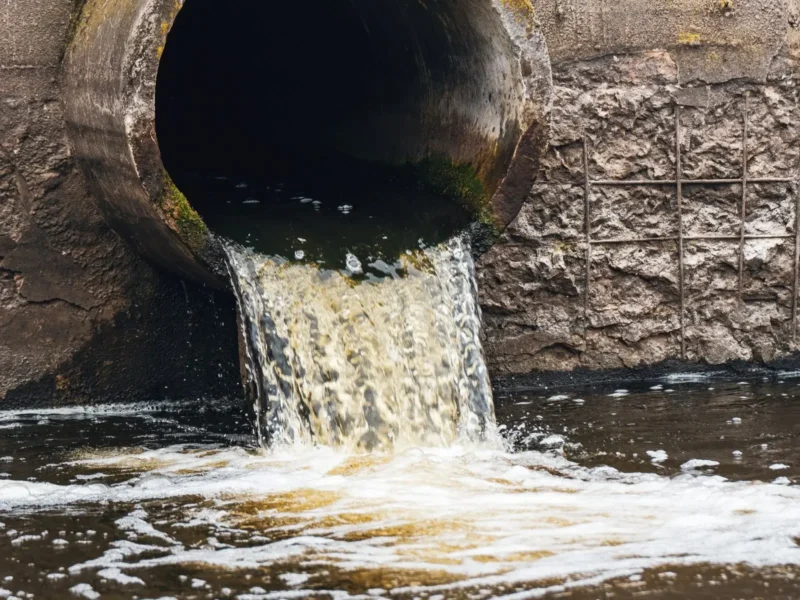 Dirty water flows from the pipe into the river