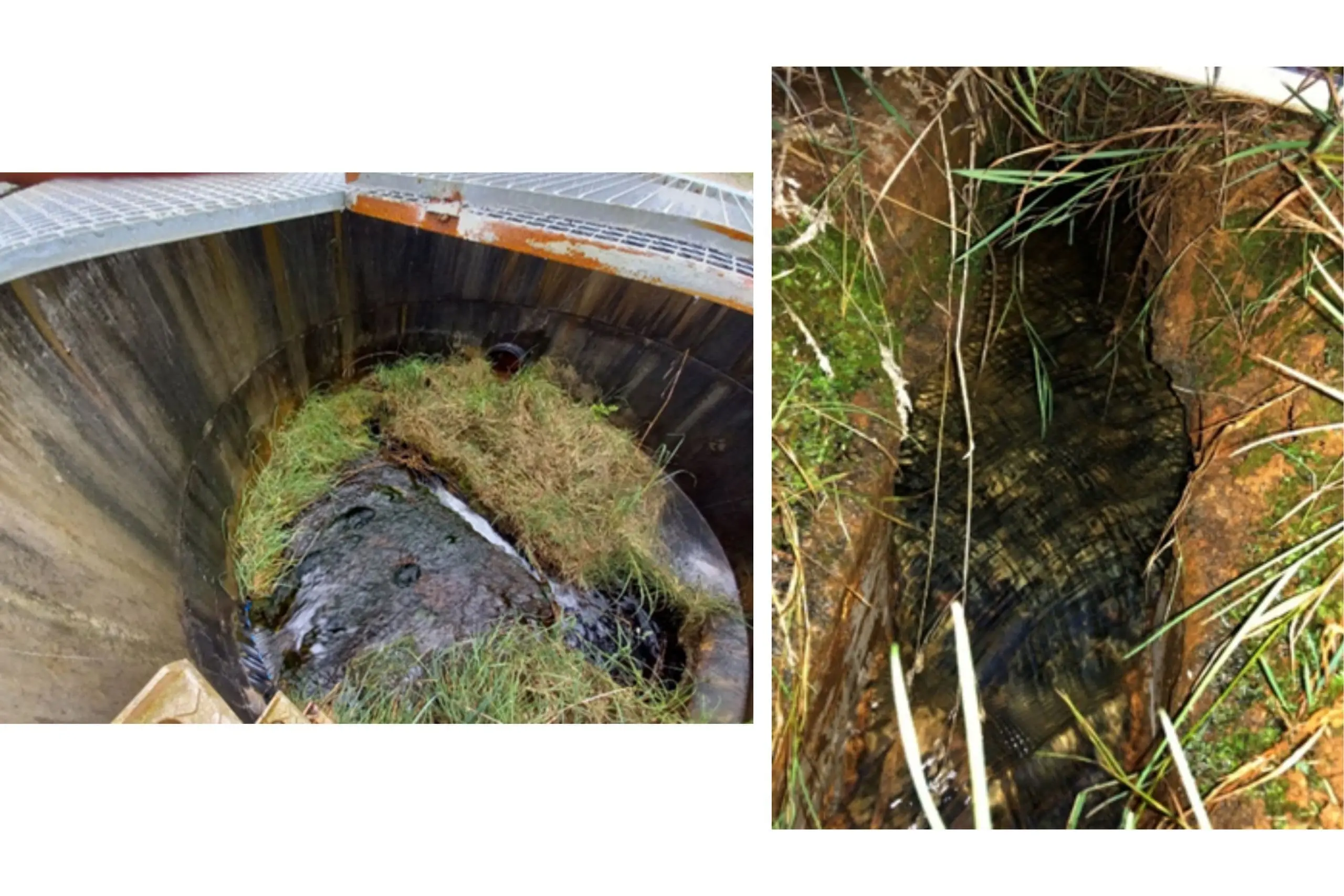 Image of vegetation build-up within chamber invert & existing corroded flume