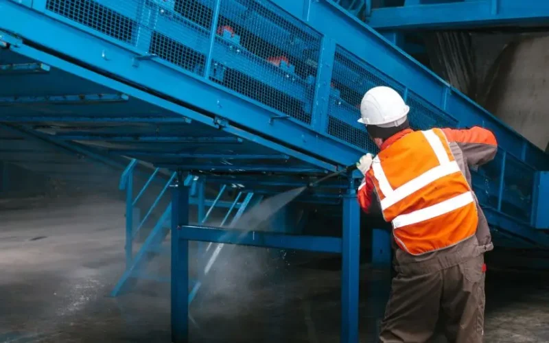 Worker washes equipment at the waste sorting plant