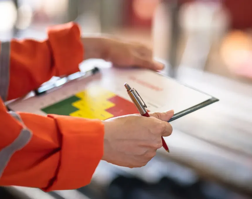 A worker holding a pen and assessment paper form