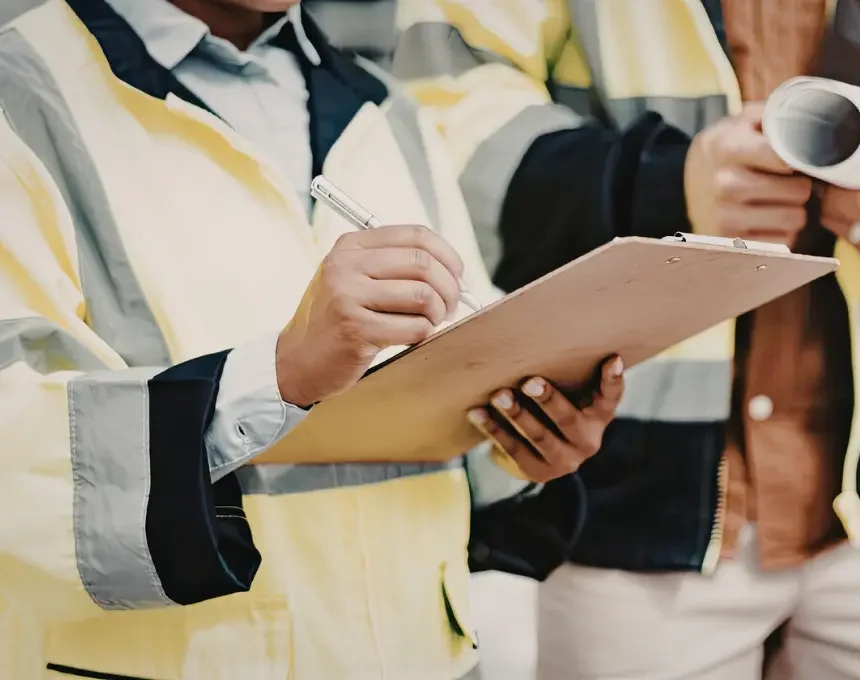 Two people wearing high visibility vests
